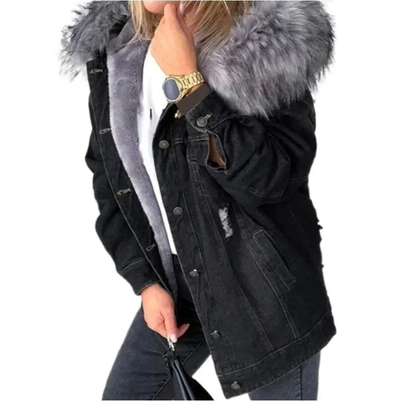 Warm Denim Jaet for Women Long Sve Hooded Street Sle Loose Fit Button Closure Pure Color Autumn Collection Coat