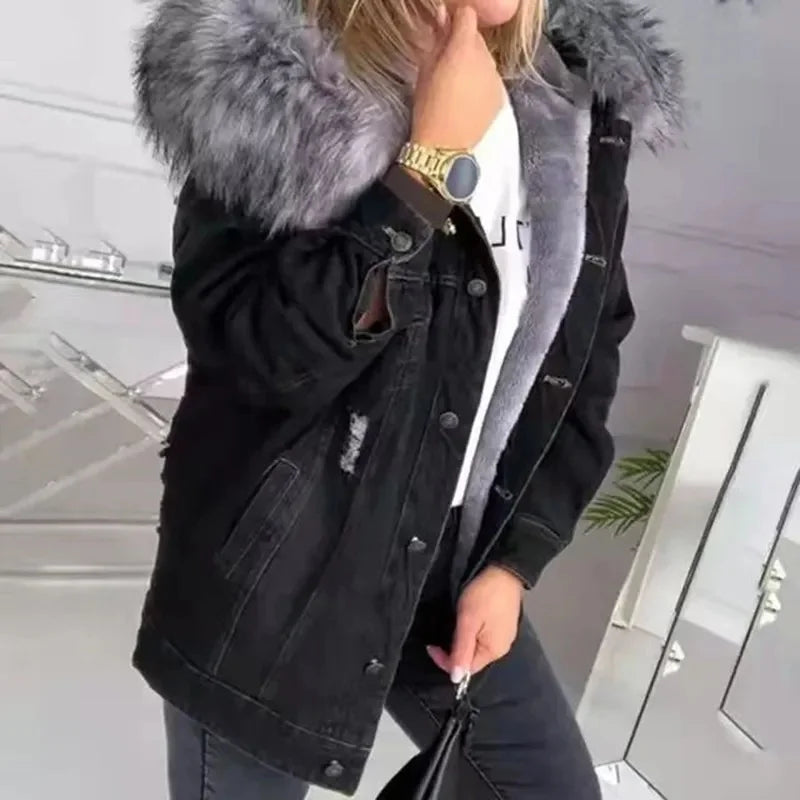 Women's Denim Jacket Hole Design Thickened Autumn Winter New Style Cotton Casual Fashion Outerwear Upper Apparel