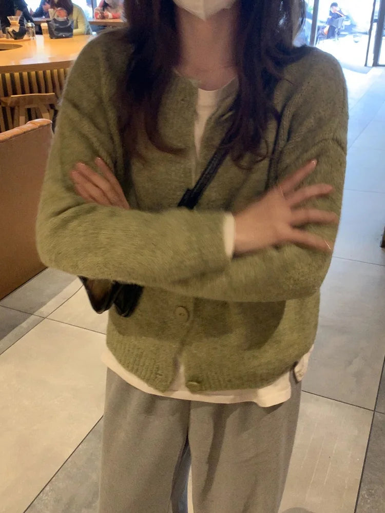 Avocado green Knitted Cardigan Sweater Women's long sleeve Vintage Outerwear Gentle Top V-neck Long Sleeve Regular Fit