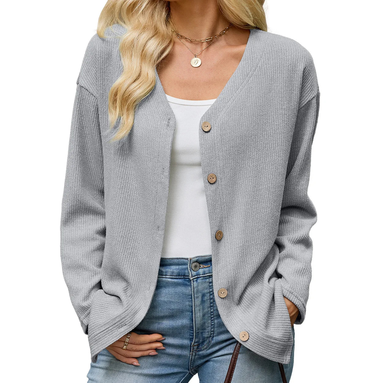 Women's V Neck Button Down Cardigan Long Sleeve Ribbed Knit Sweater Casual Loose Fit Outwear Tops
