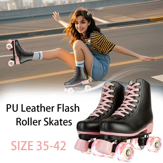 Pu Leather Flashing Roller Skates Size 35-42 Women Roller Skating Shoes Adult Outdoor Skating Training 4 Wheels Sneakers