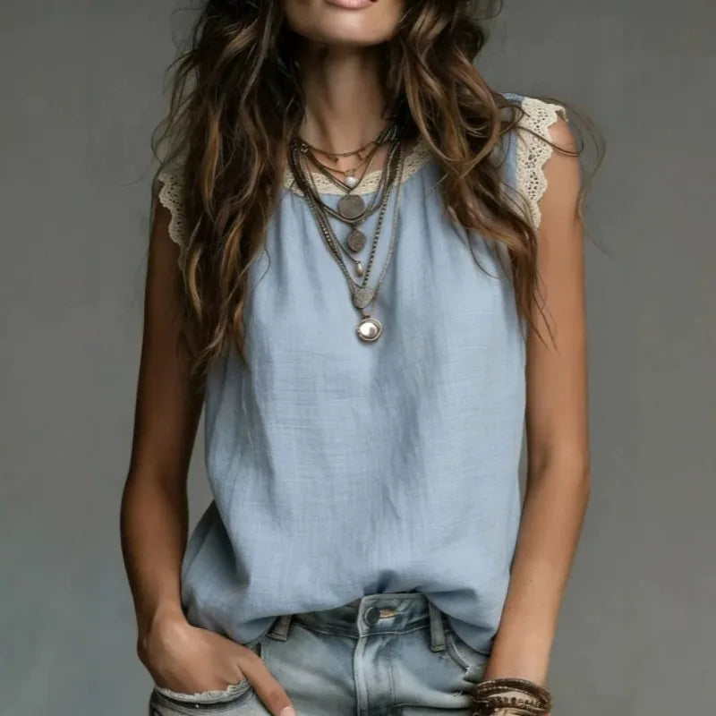 Women's Lace Trim Tank Top Summer Breathe Loose Casual Sleeveless Blouse Office Lady Solid Color Round Neck Basic Vest