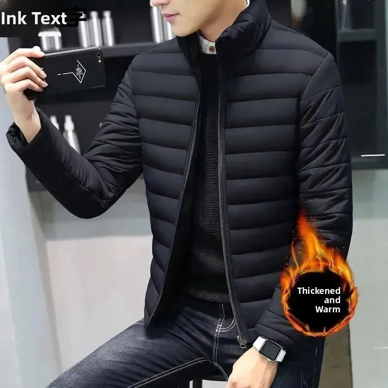 Loose Fit Short Hooded Cotton Jacket Thin Winter Coat for Men Casual Style Zipper Closure Solid Color Youth Fashion Urban Wear
