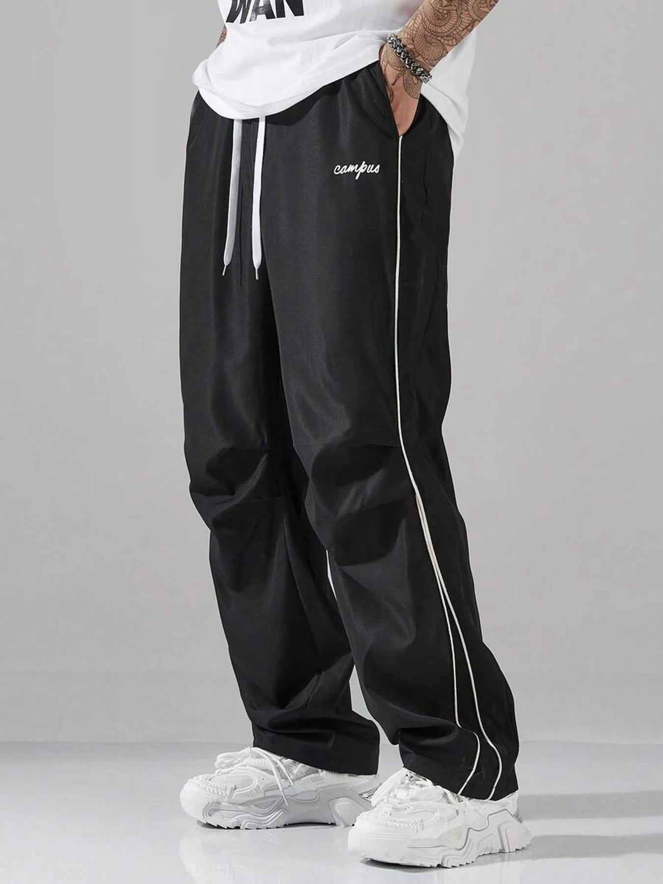 UETEEY Mens Sport Straight Leg Pants Drawstring Elastic Waist Casual Trousers Men Streetwear Solid Color All Season Hot Sale
