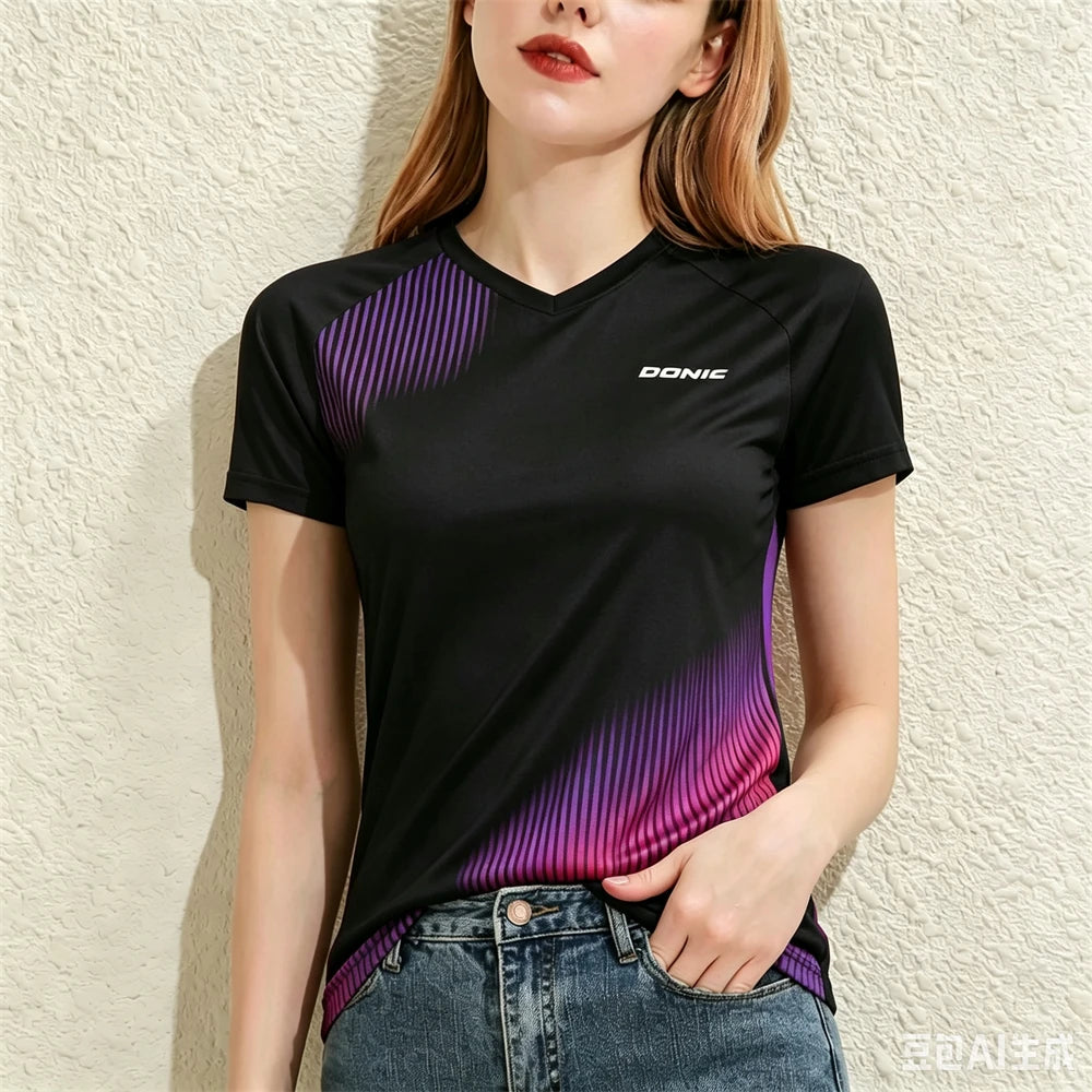 Summer Casual Women's T-shirts Table Tennis Sports Short Sleeve Tees Fashion V-neck Loose  Tops Running Training Female Clothing