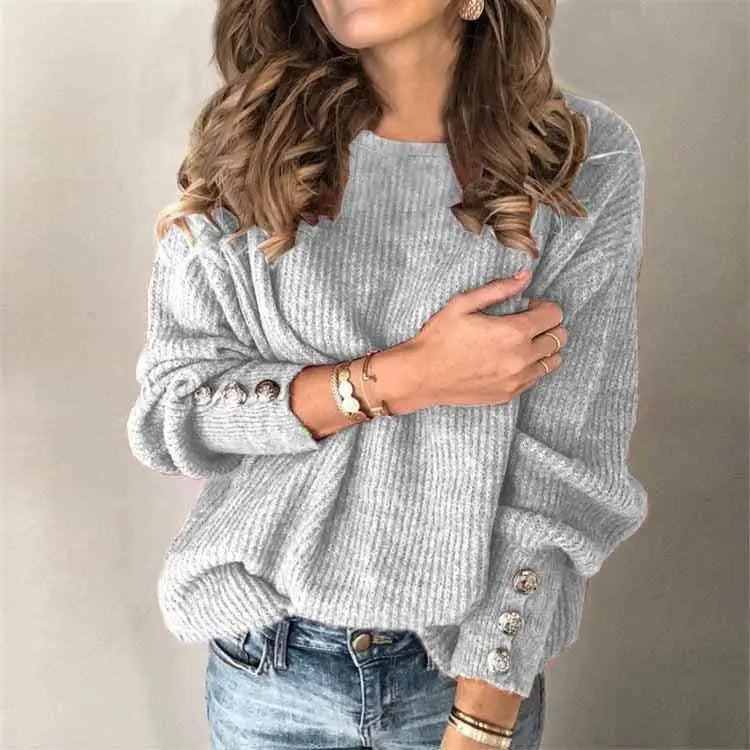 Women's Long Sleeve round Neck Button Sweater Top T-shirt Clean Fit City Walk Linen Blend Princess Sleeve