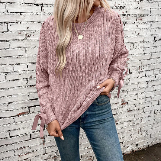 Women'S Fashion Casual Round Neck Long Sleeve Solid Color Lace-Up Bowknot Pullover Loose Women'S Sweater Winter Clothes Woman