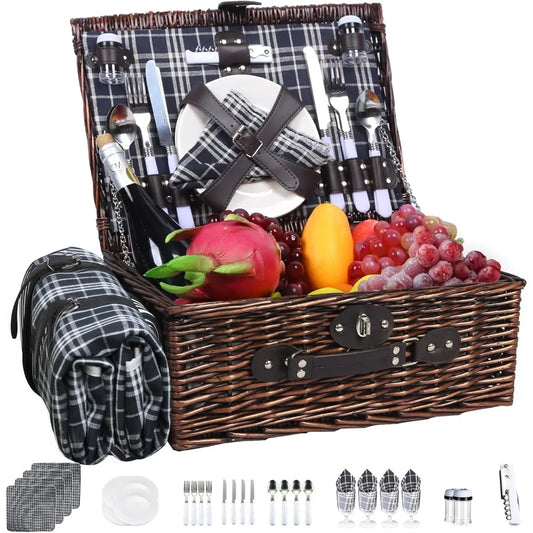 Wicker Picnic Basket for 4 with Insulated Cooler & Waterproof Blanket – Large Willow Picnic Hamper for Outdoor, Camping, Beach,