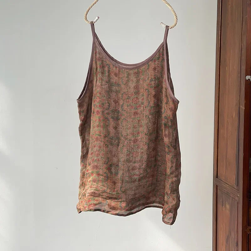 Women's Camisole Tank Tops Printed Ramie Sleeveless Shirt 2026 New Sweet Casual Spaghetti Straps Vest V-neck