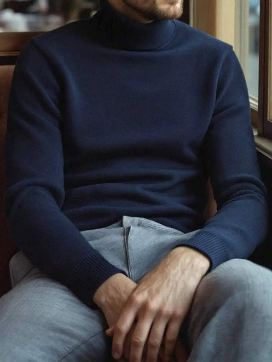 Men's Black Loose Fit Long Sleeve Turtleneck Sweater for Autumn Winter