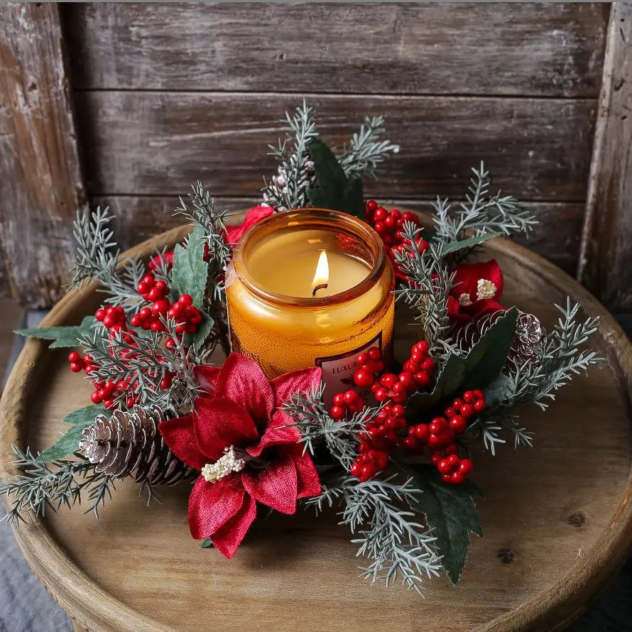 Christmas Candle Wreath Dining Table Decors Classic Red Berries Pinecone Centerpiece Garland Multifunctional Candle Holder 2025