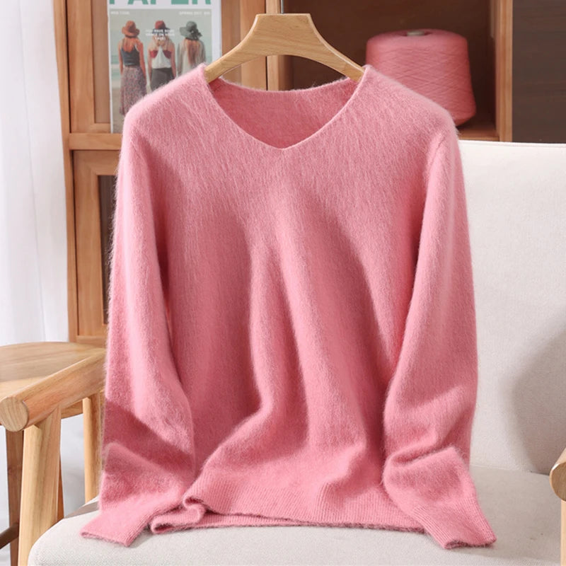 Fall/Winter Fashion Mink Cashmere Women's V-neck Pullover Bottom Shirt Slim Knitted Sweater Short Plus Size