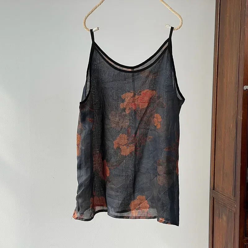 Women's Camisole Tank Tops Printed Ramie Sleeveless Shirt 2026 New Sweet Casual Spaghetti Straps Vest V-neck