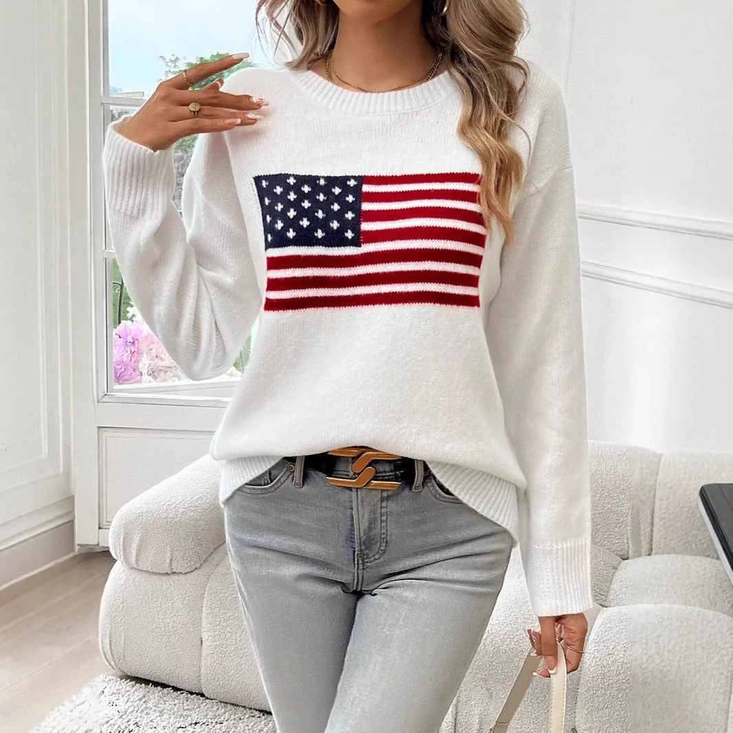 Fashionable Knitted Sweater round neck Loose Fit Easter Independence Day Theme Women's Spring Autumn Winter New Arrival Cotton Blend