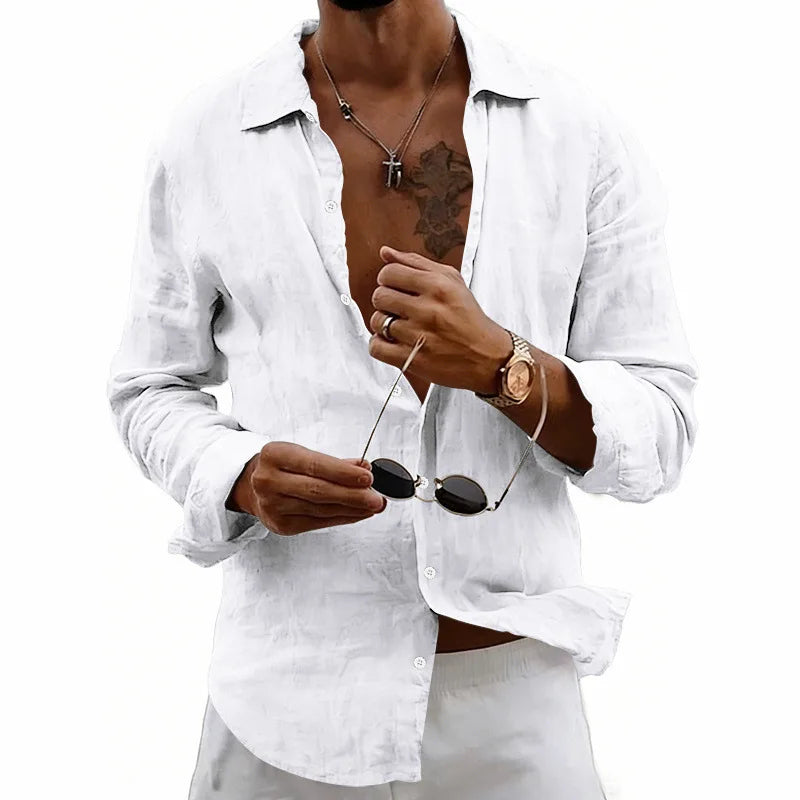 Men’s Long Sleeve Linen Shirt Button Down Casual Beach Vacation Top 2026