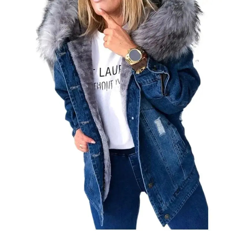 Warm Denim Jaet for Women Long Sve Hooded Street Sle Loose Fit Button Closure Pure Color Autumn Collection Coat