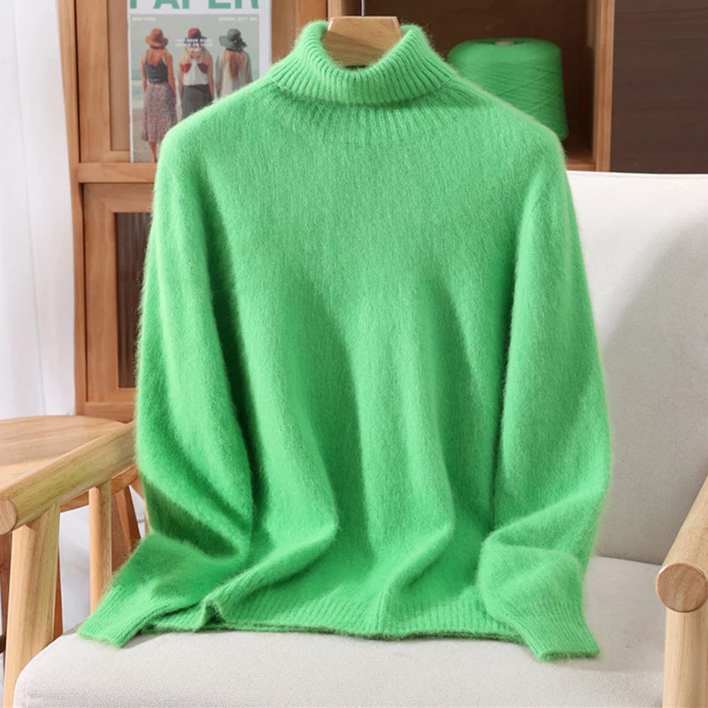 High End Mink Fur Sweater, Women's Solid Color High Collar Pullover, Cashmere Warm Sweater, Knitted Base Sweater, Autumn Winter