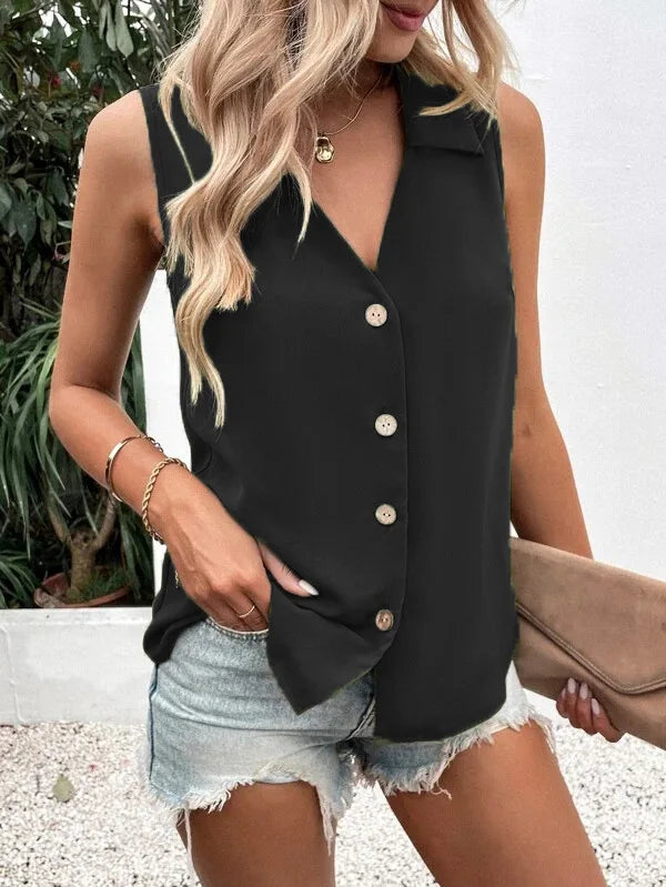 Women's V-Neck Button Chiffon Blouse Summer Lightweight Loose Casual Sleeveless Top Office Lady Solid Color Basic Vest
