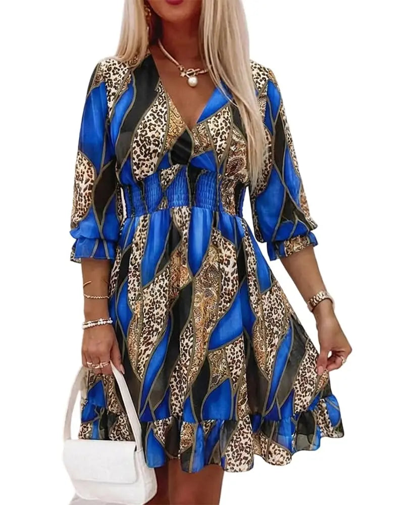 Women Floral Wrap Dress V-Neck High Waist Short Layered Summer Casual Beach Guest Dress