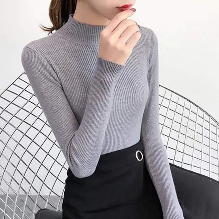 Early Spring, Autumn Winter Mock Neck Women Sweater Vintage Basic Solid Knitted Tops Casual Slim Pullover Korean Sweaters Simple Chic Jumpers