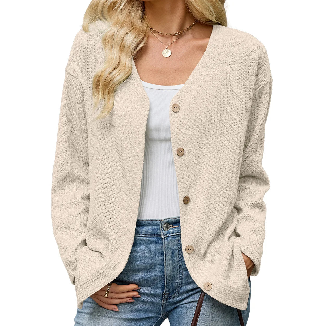 Women's V Neck Button Down Cardigan Long Sleeve Ribbed Knit Sweater Casual Loose Fit Outwear Tops