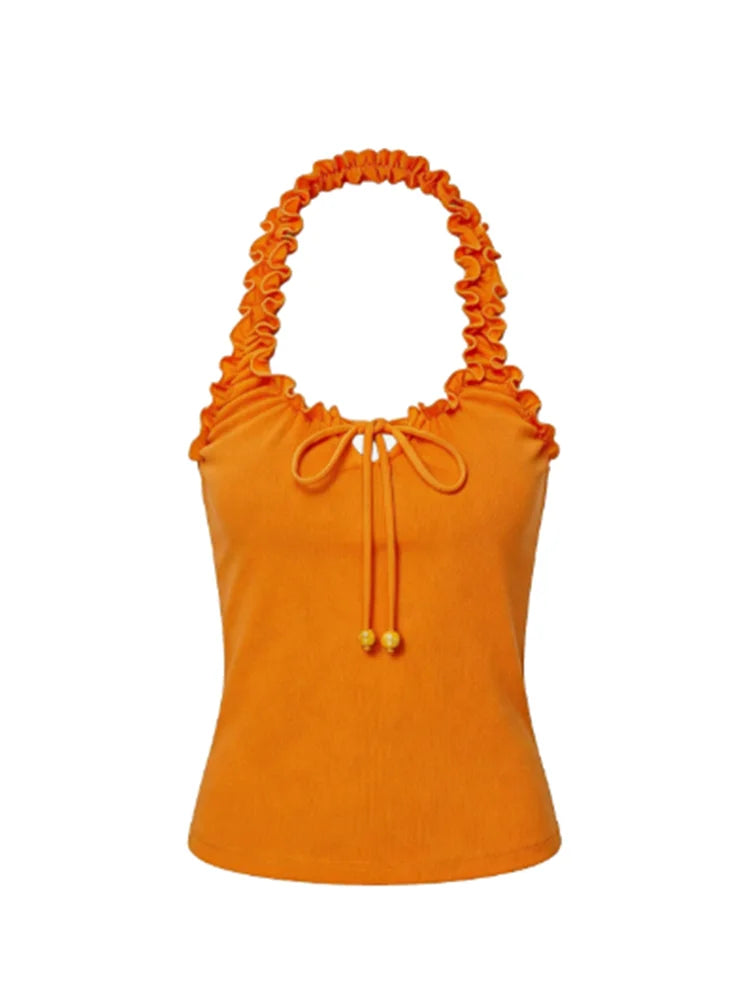 Orange Tank Top Women Summer Ruffle Halter Neck Y2k Top Sleeveless Slim Casual Streetwear Fashion 2026 Solid Camisole