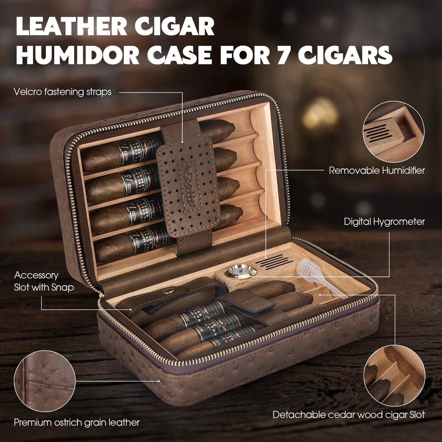 Portable Travel Cigar Humidor,Cedar Wood Lined Leather Case Built in Hygrometer & Humidifier,Cigar Lighter with Holder Punch