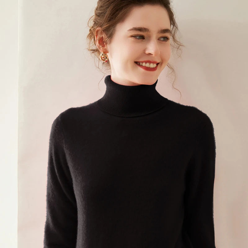 Cashmere Sweater Women's Turtleneck Long Sleeved Knitted Pullover 100% Pure Cashmere Base Sweater Korean Version Women's Top