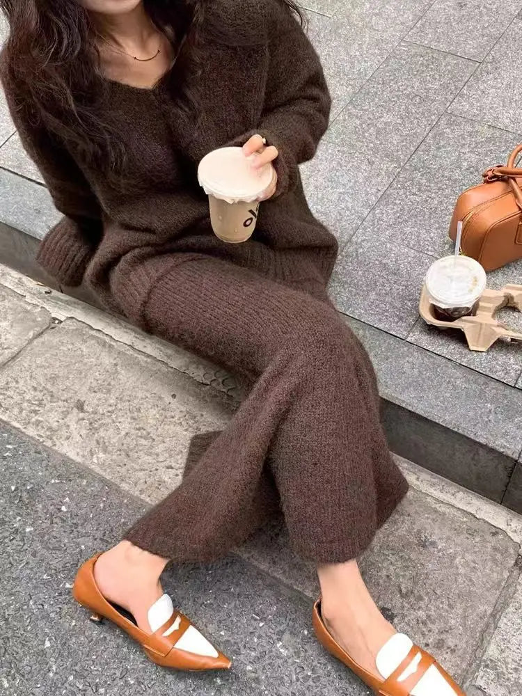 Elegant Solid  Skirt Sets Women Autumn Knit V Neck Cardigan Sweater 2 Piece Female Loose Long Skirts Fashion Party Suits