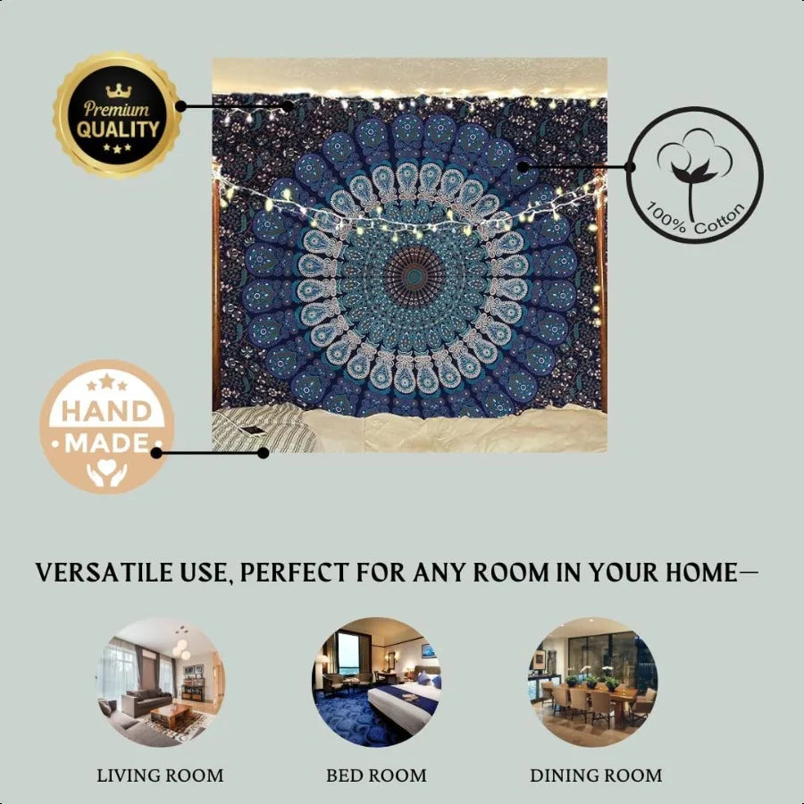 Handmade Indian hippie Bohemian Psychedelic Peacock Mandala Wall hanging College Dorm Beach Throws Table Cloth Bedding Tapestry