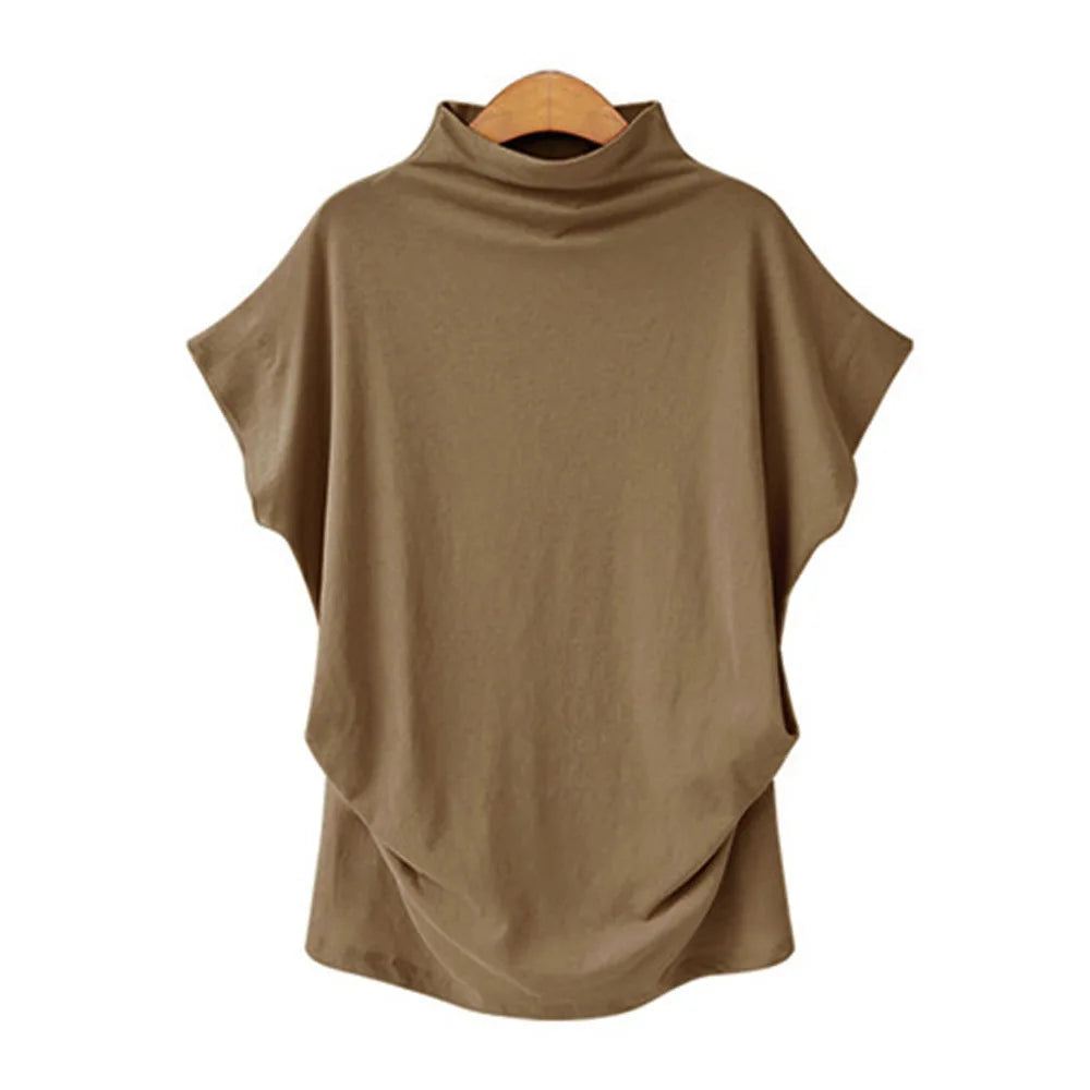 Women's Retro Solid Color T-Shirt Summer Turtleneck Short Sleeve Tees Fashion Loose Streetwear Female Pleated Top