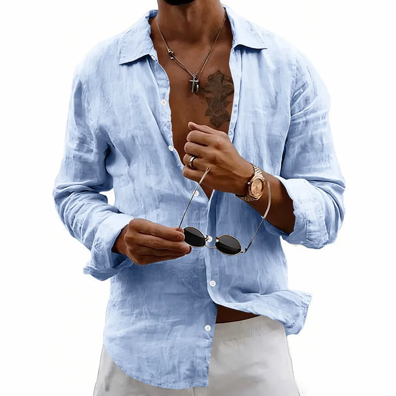 Men’s Long Sleeve Linen Shirt Button Down Casual Beach Vacation Top 2026