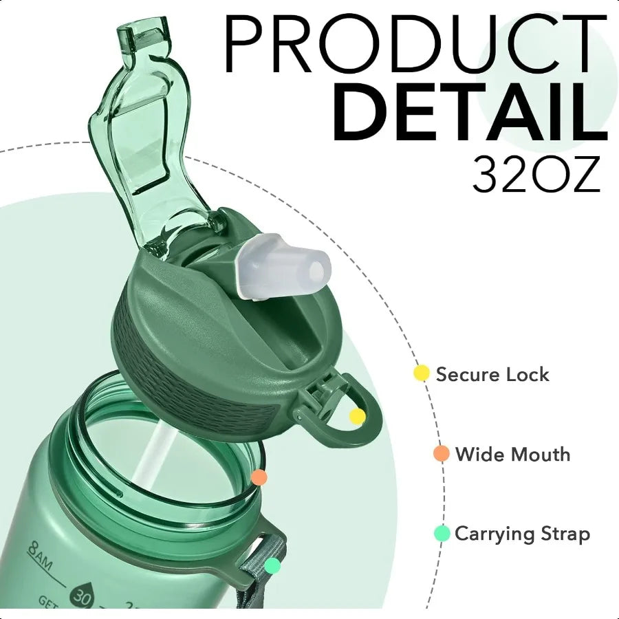 32oz Water Bottles with Straw Stay Motivated and Hydrated with Convenient Times to Drink Markings Durable Leakproof