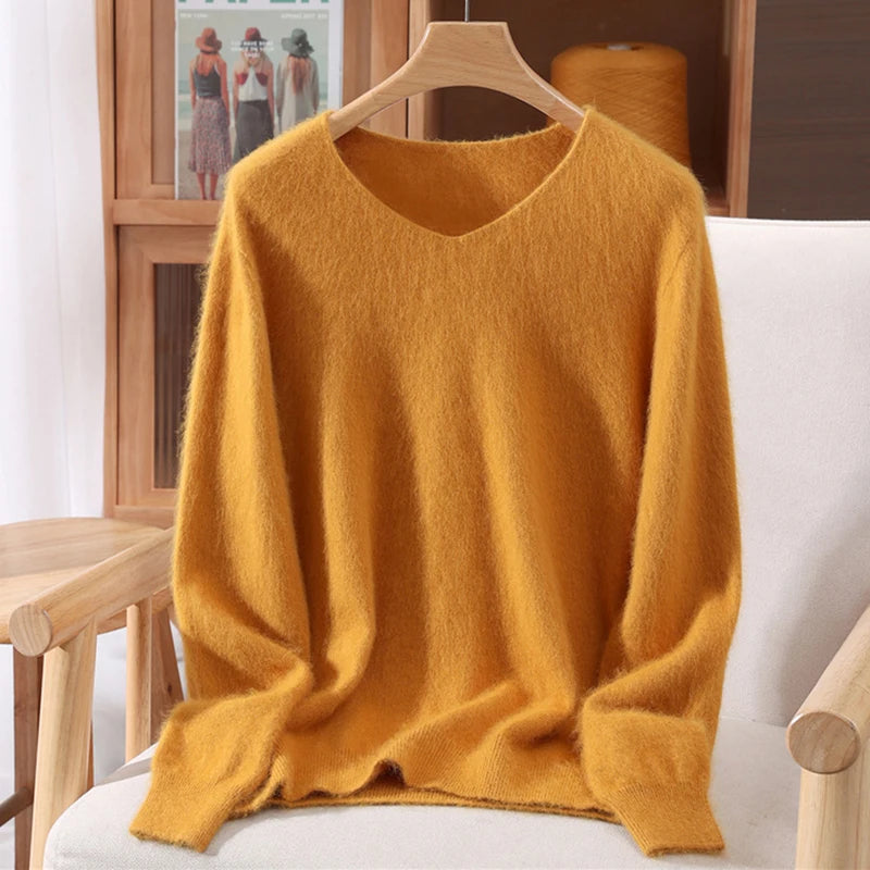 Fall/Winter Fashion Mink Cashmere Women's V-neck Pullover Bottom Shirt Slim Knitted Sweater Short Plus Size