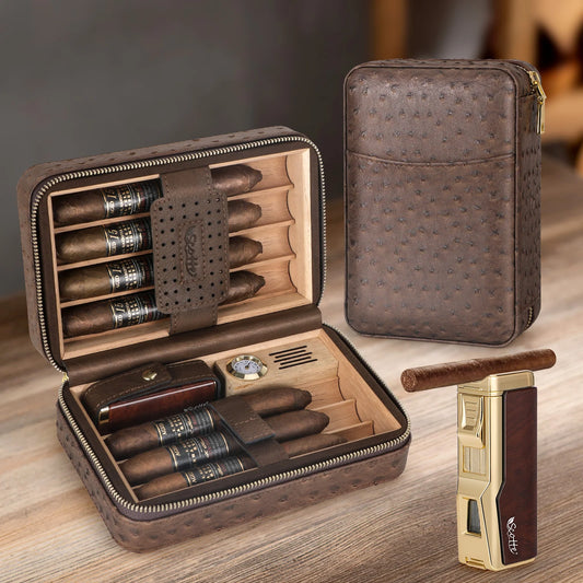 Portable Travel Cigar Humidor,Cedar Wood Lined Leather Case Built in Hygrometer & Humidifier,Cigar Lighter with Holder Punch