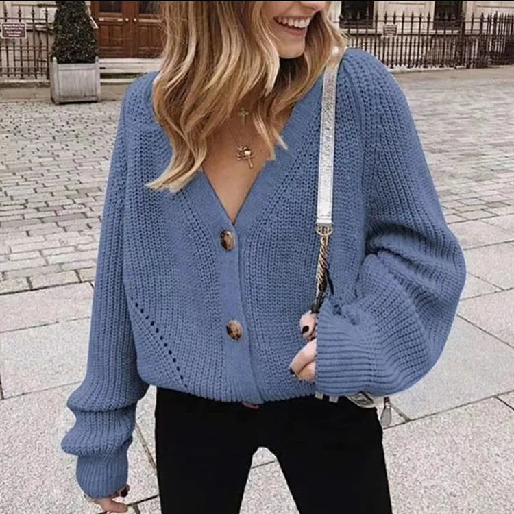 2026 Autumn/Winter New Women's Cardigan, Pure Color V-Neck, Bell Sleeve, Button Knit Cardigan