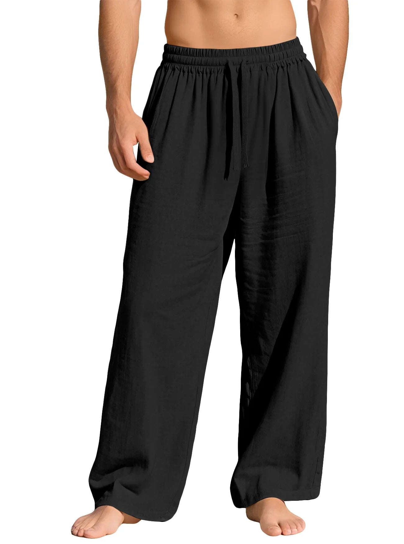 Men's Beige Linen Pants Casual Pants Summer Loose Fit Elastic Waist Straight Leg Pants Lightweight Casual Home Lounge Wear
