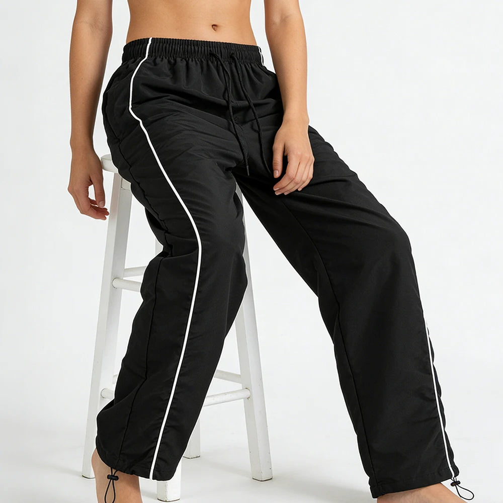 Men's Black Baggy Track Pants White Side Stripe Adjustable Hem Drawstring Four Seasons Outdoor Recreation Trekking Gym Training