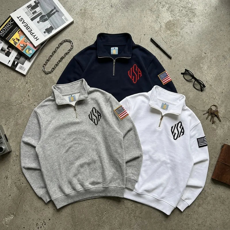 Y2K Oversized Vintage Jacket New Arrival USA Embroidery Quarter Zip Casual Sweatshirt Fashion Unisex Clothing Hip Hop Streetwear