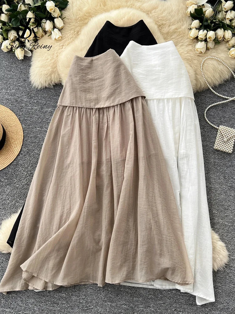 Simple Lazy Linen Skirt Summer 2026 Ladies Elegant Solid Patchwork A-line Commuting Low Rise Long Skirt