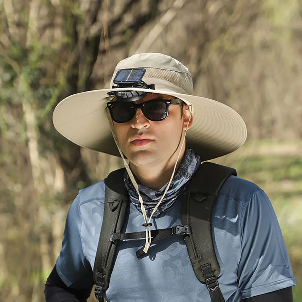 Solar Fan Hat Outdoor Fishing Hat with 2 Solar Fan Wide Brim Bucket Hat Summer Cap for Men Outdoor Camping Fishing Hiking