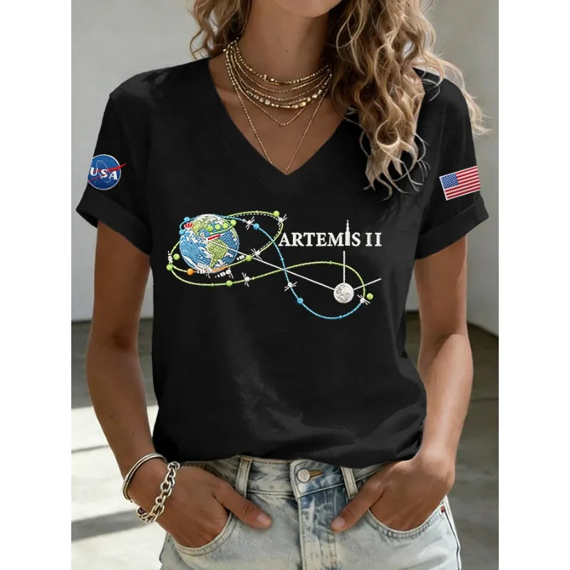 2026 New Arrival Women's Artemis II Print T-Shirts Summer Short Sleeve Loose V Neck Tops Casual Tees