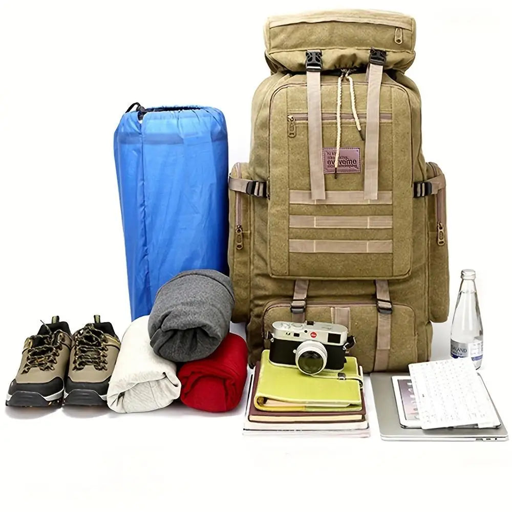 1pc 90L Hiking Daypack Backpack Canvas Hydration Pack for Men and Women Climbing Outdoor Sport Large Capacity