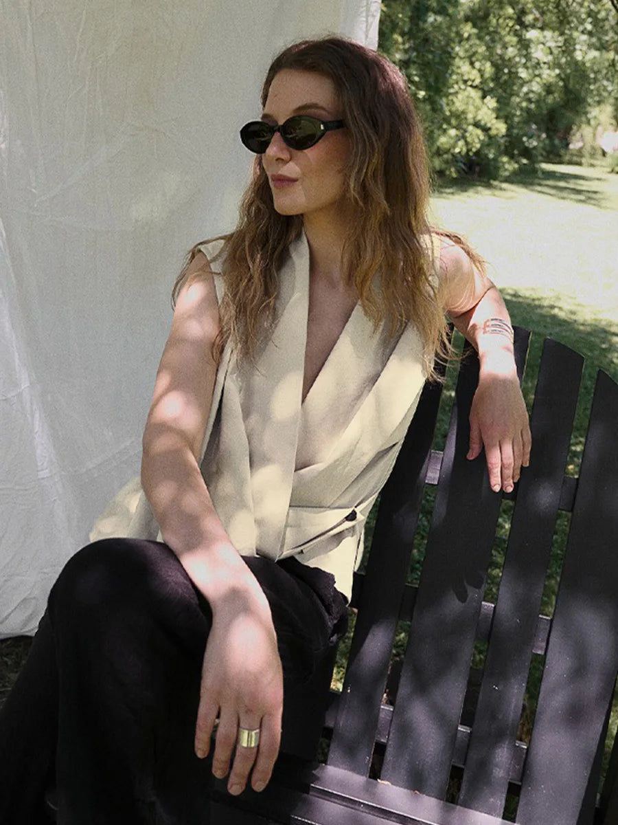 2026 Summer New Women  Sleeveless Irregular  Solid  Color, Button V-neck Vest Top