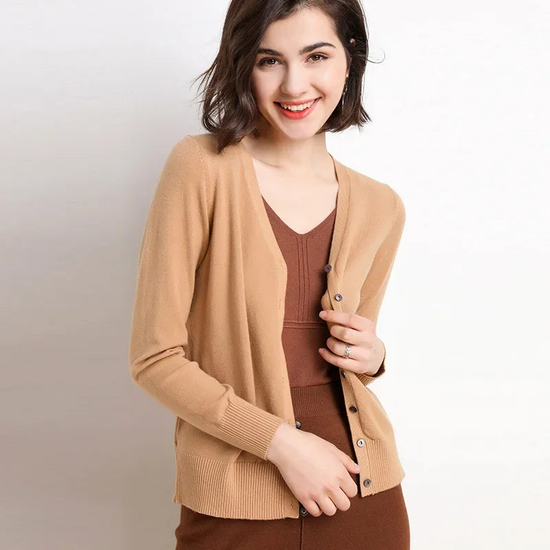 2026 Women Cardigans Long Sleeve Knitted Outerwear Solid Thin Spring / Autumn Sweaters V-neck Knitwear Cardigans