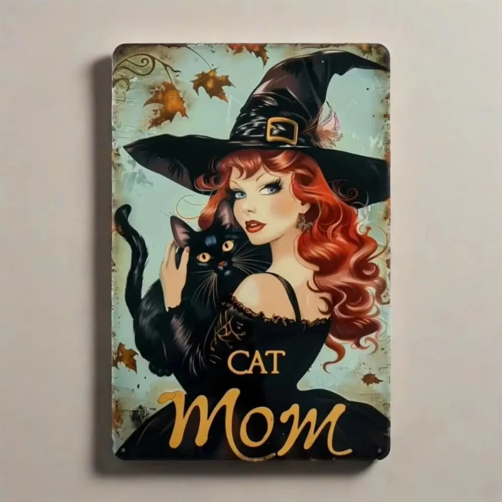"Witch Cat Mom Playful 2D Tin Poster – Flat Plate Decorative Sign for Outdoor Whimsy"