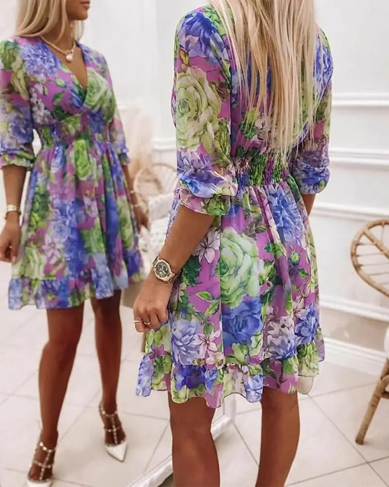 Women Floral Wrap Dress V-Neck High Waist Short Layered Summer Casual Beach Guest Dress