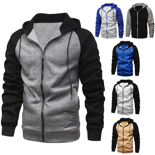 Men's Fleece Lined Zipper Hoodie Casual Oversized Autumn Winter New Style Color Block Sweater Polyester Cotton Blend Long Sleeve