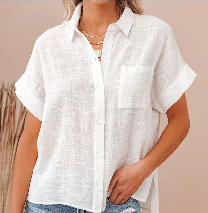 New Fashion Cotton Linen Women's Shirts Casual Loose Short Sleeve Women Blouses Button Up Summer Woman Tops Clothes