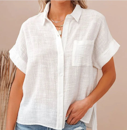 New Fashion Cotton Linen Women's Shirts Casual Loose Short Sleeve Women Blouses Button Up Summer Woman Tops Clothes